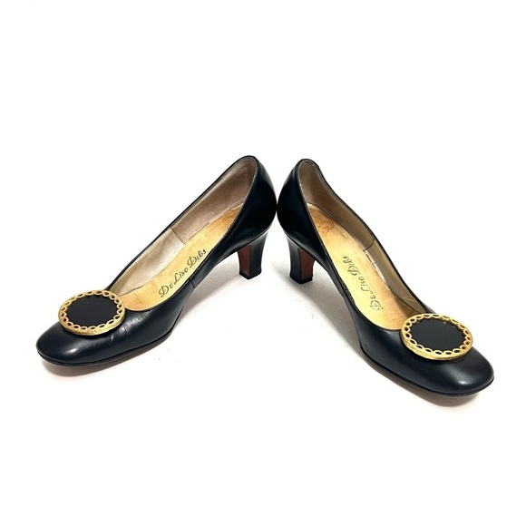 Vintage 1960s black leather oversize buckle slip on pilgrim heels - Picture 6 of 8